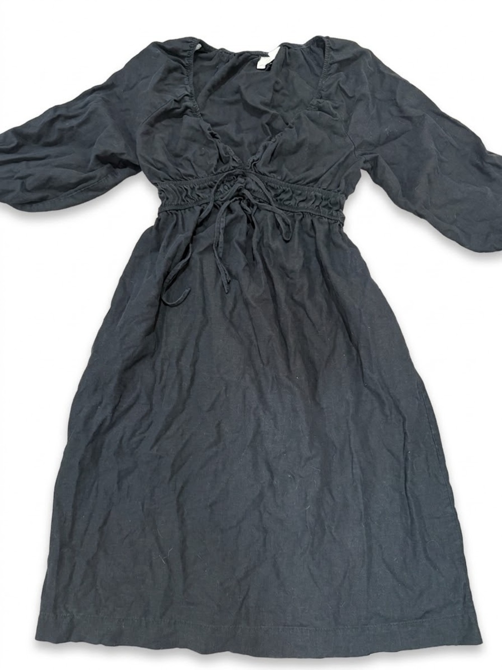 Universal Thread Black V-Neck Linen Blend Drawstring Midi Dress Size Small